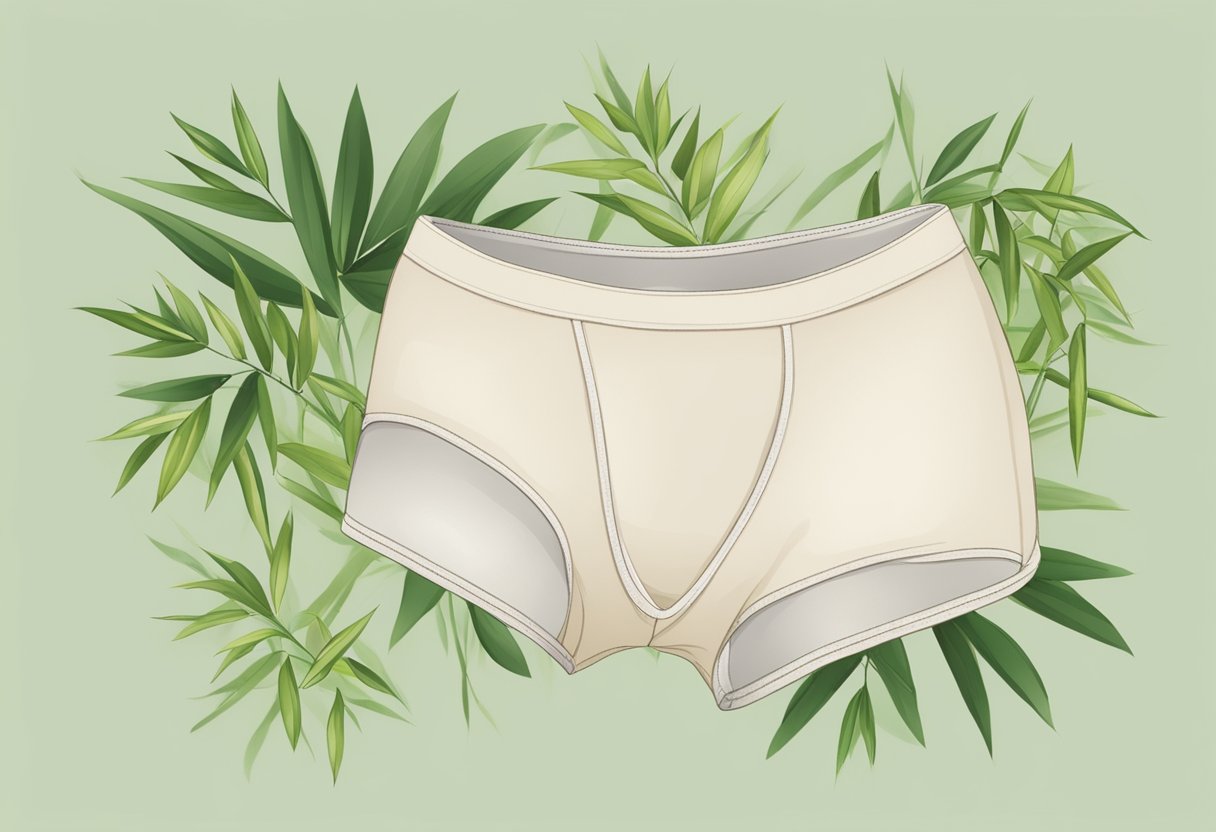 A bamboo high waist underwear lying on a soft, natural background, surrounded by bamboo leaves and shoots