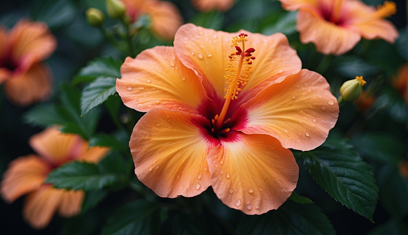Vibrant hibiscus flowers cover the landscape, their petals open and inviting