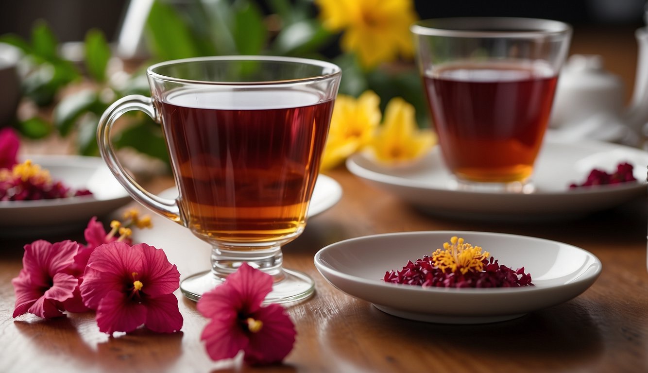A table set with hibiscus flowers, tea, and dishes made with hibiscus petals