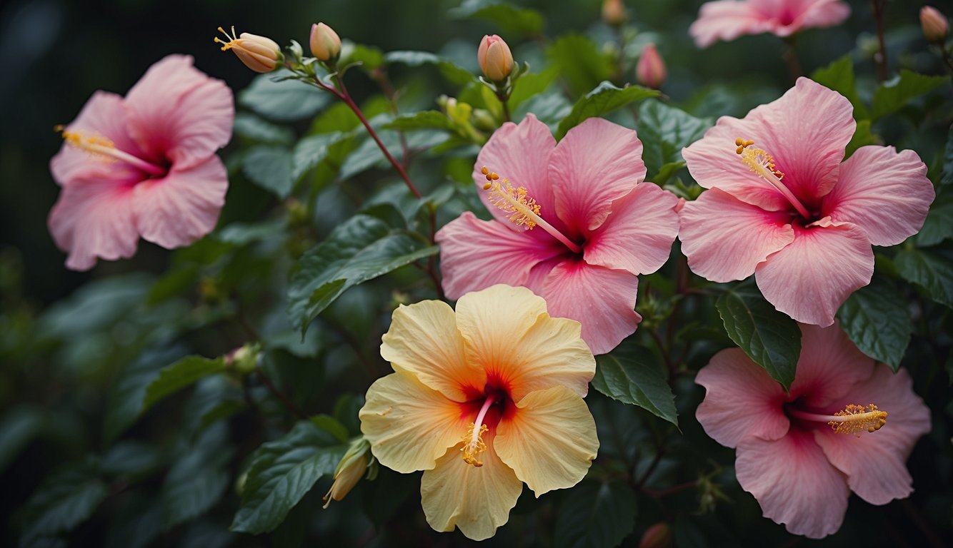 A variety of hibiscus flowers, some blooming and others wilting, with a mix of vibrant and faded colors
