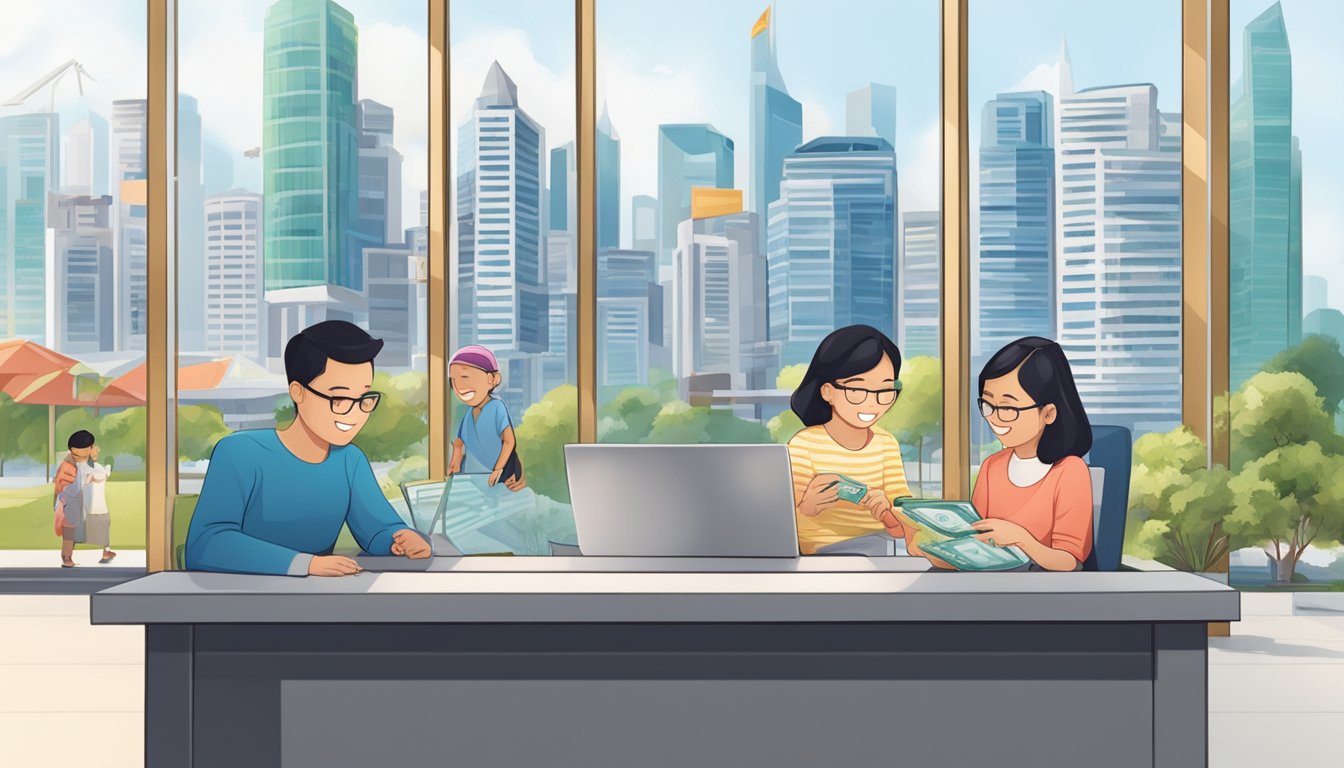 A modern Singaporean family happily deposits money into a sleek, high-tech savings account at a local bank, with a backdrop of the city's iconic skyline