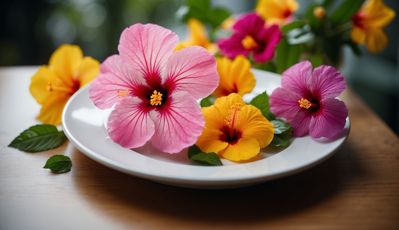 A vibrant hibiscus flower sits atop a plate, surrounded by other edible flowers