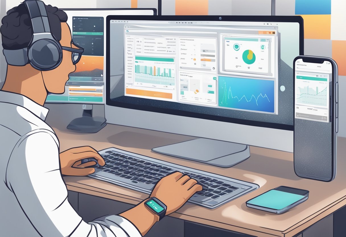 A person checks settings on a computer screen, then adjusts and tests sound and notification settings on a mobile device