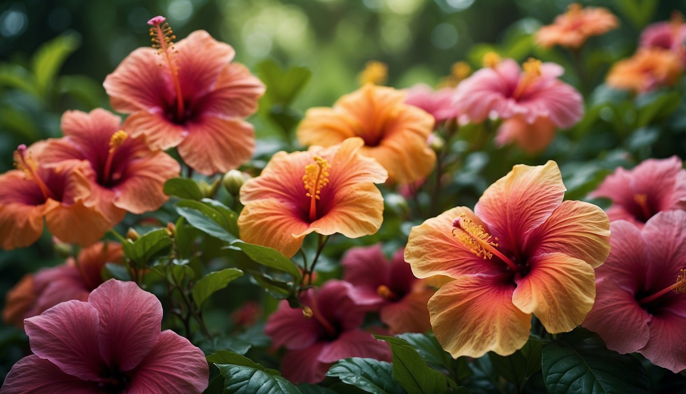 A colorful array of hibiscus flowers, varying in size and hue, are scattered across a lush green backdrop, with a bold question in bold font hovering above them: "Are all hibiscus flowers edible?"