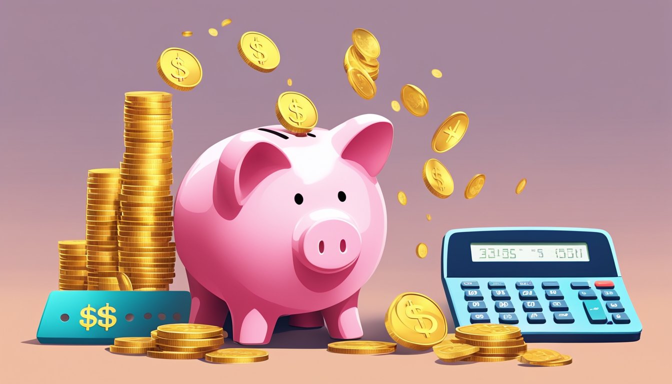 A stack of gold coins and a piggy bank, surrounded by dollar signs and a calculator, symbolizing maximizing savings in a Singaporean bank account
