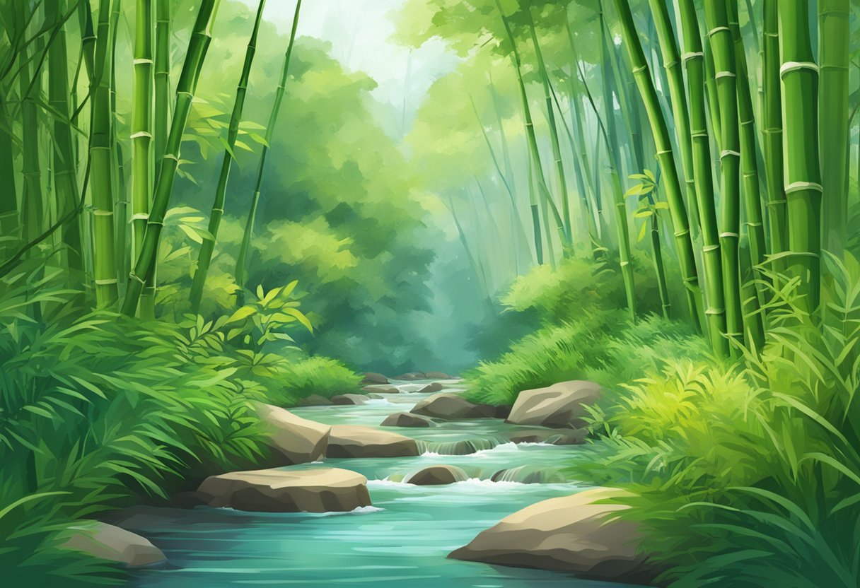 A bamboo forest with a clear stream running through it, surrounded by lush greenery and vibrant wildlife