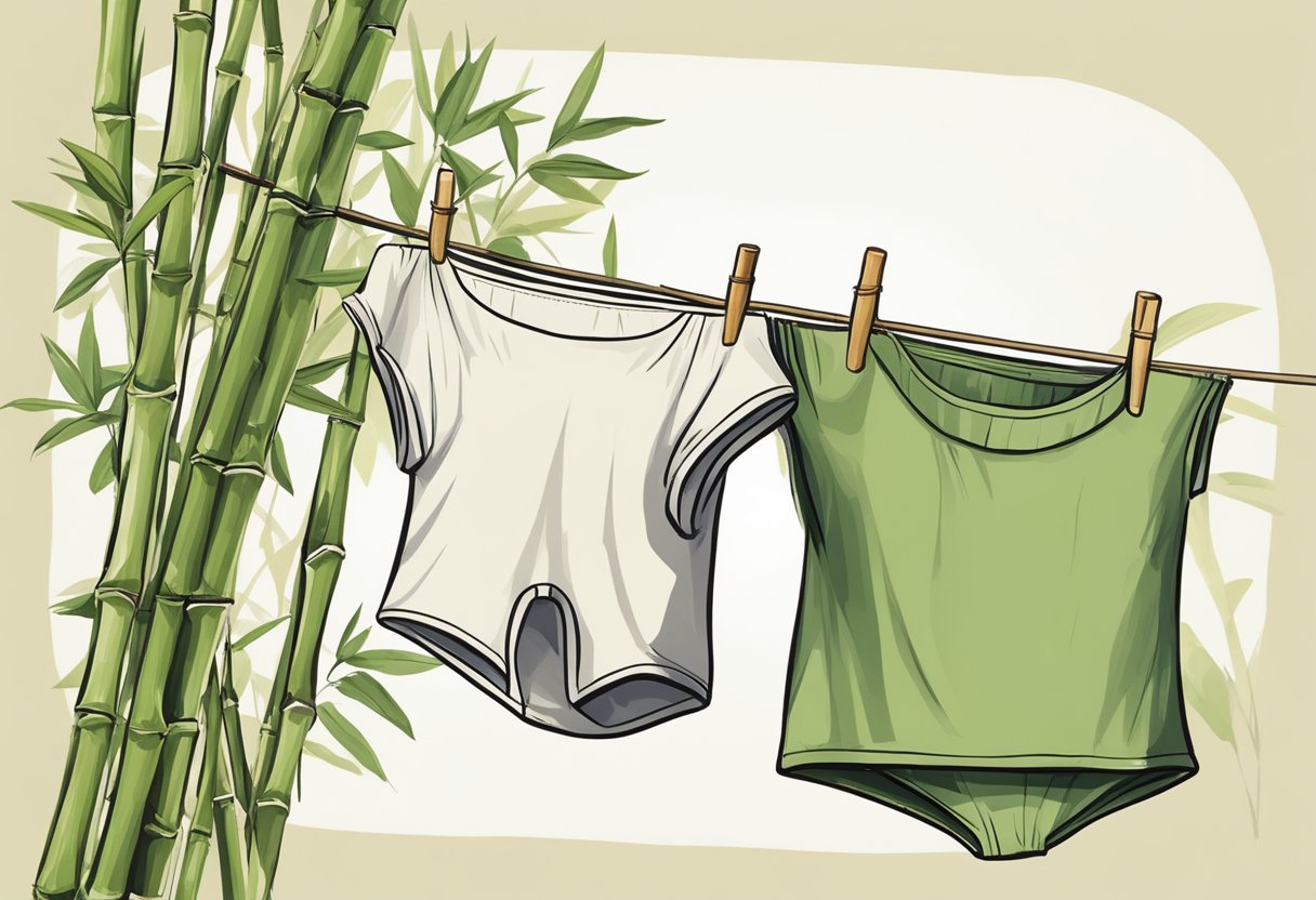 Bamboo underwear hanging on a clothesline, with a thrush perched on the edge