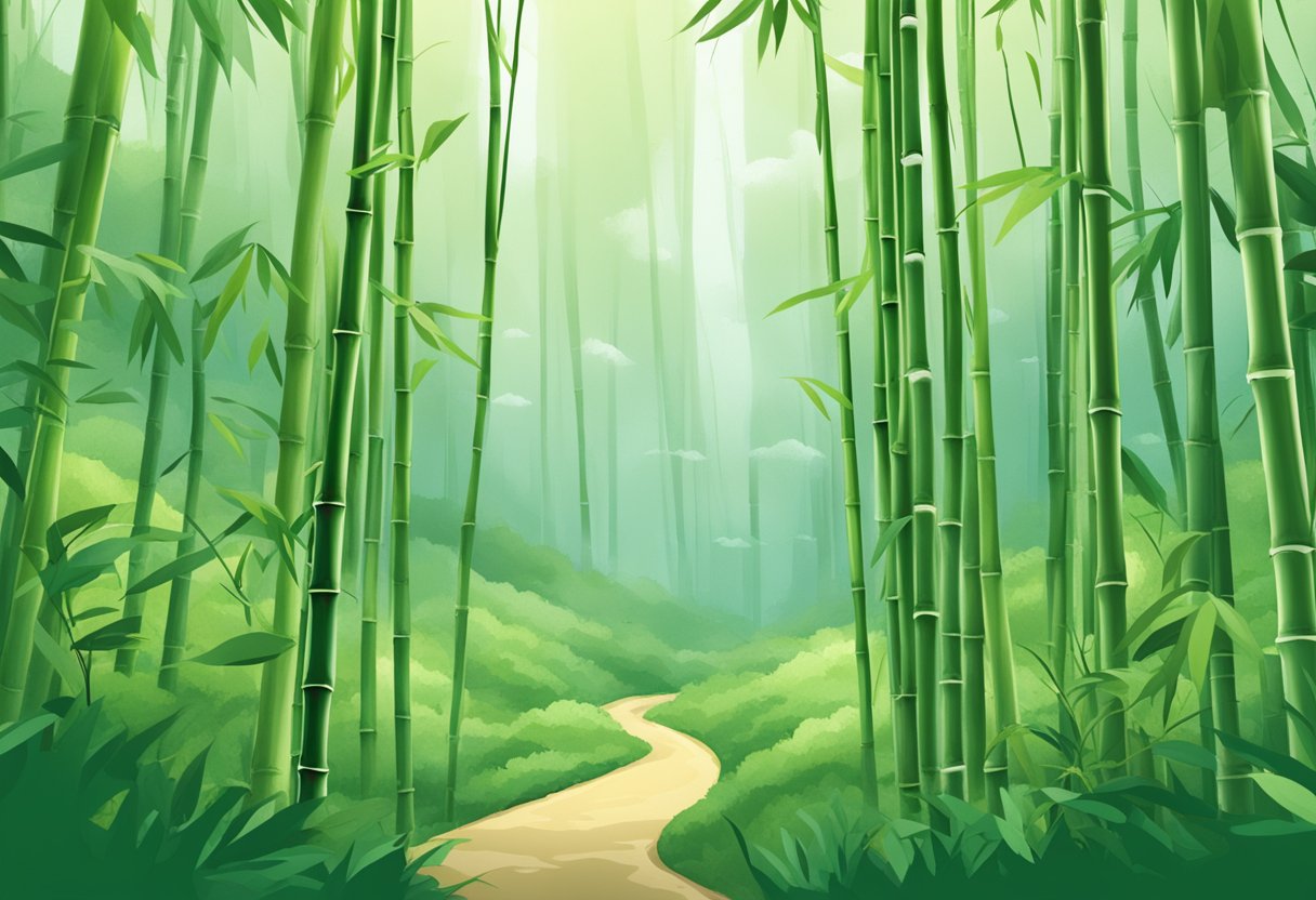 A serene bamboo forest with Teerfu brand logo floating above
