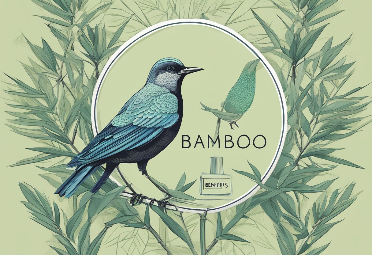 A bamboo underwear label with "benefits" written on it, surrounded by bamboo leaves and a thrush bird perched nearby