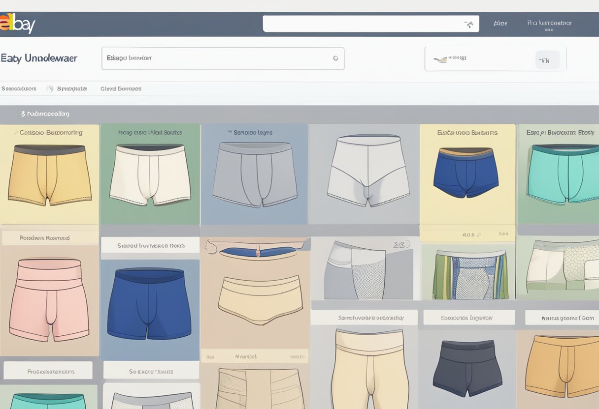 A computer screen displaying eBay search results for "bamboo underwear." Various product listings and images are visible, with options to refine the search