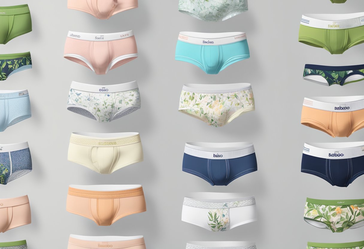 Various styles of bamboo underwear are neatly displayed on a white table, with labels indicating "bamboo underwear available" and an eBay logo in the background