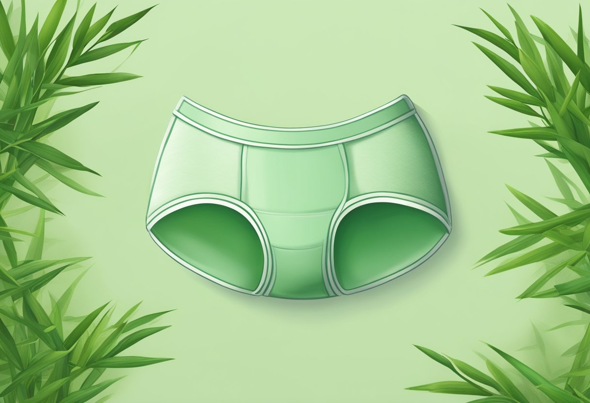A bamboo underwear label, surrounded by soft, green bamboo leaves, with a gentle breeze blowing