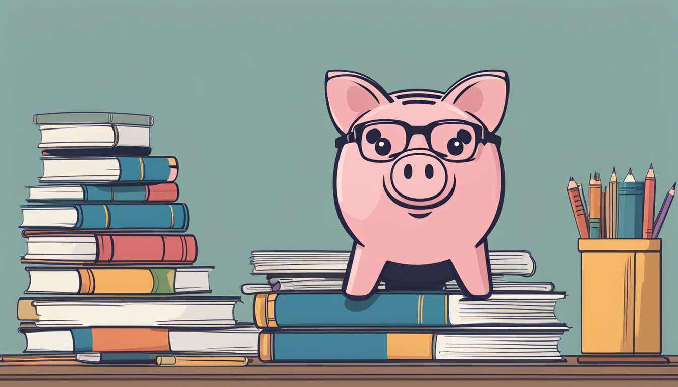 A piggy bank sits on a desk, surrounded by textbooks and a calculator. A Singaporean flag hangs on the wall