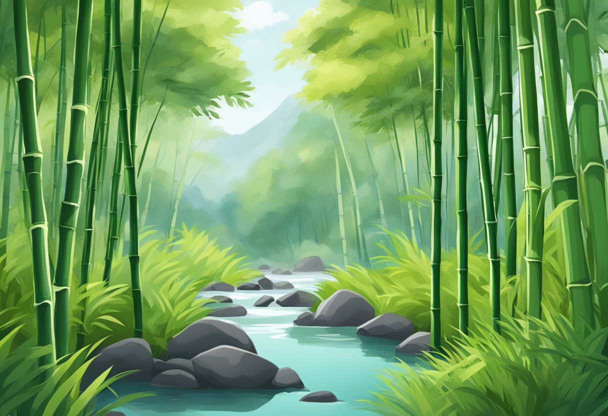 A serene bamboo forest with a clear stream running through it, showcasing the natural benefits of bamboo for underwear