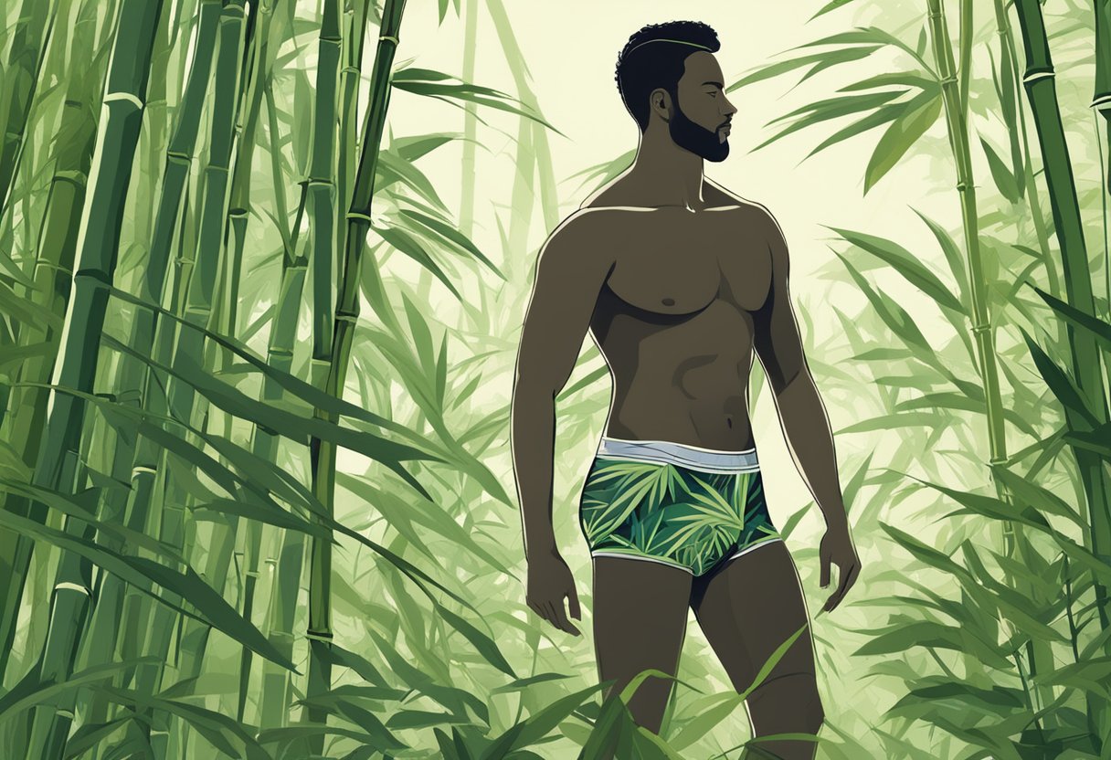 A bamboo forest with a male silhouette wearing bamboo underwear, surrounded by lush greenery and bamboo stalks