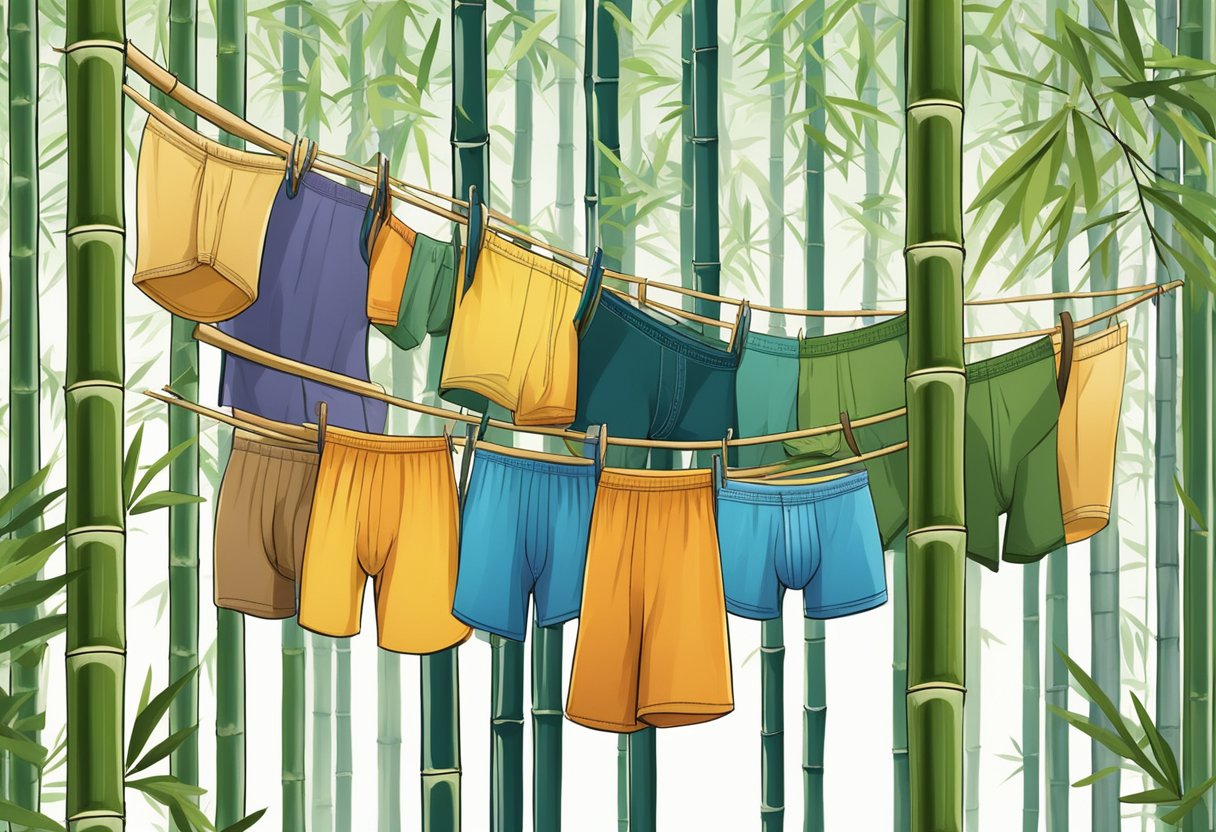 A bamboo forest with various styles of male underwear hanging on the branches, showcasing the range of designs and colors