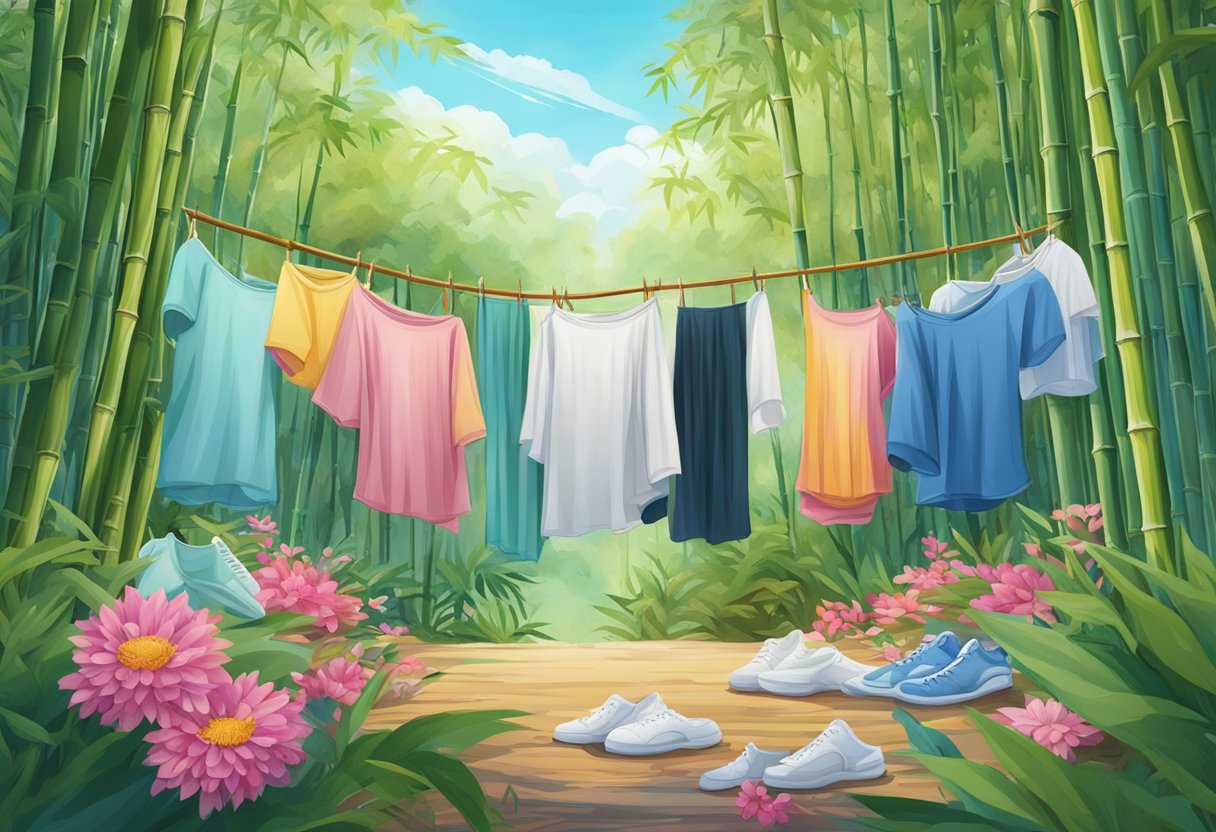 A bamboo forest with a pile of underwear in the center, surrounded by vibrant flowers and a clear blue sky above