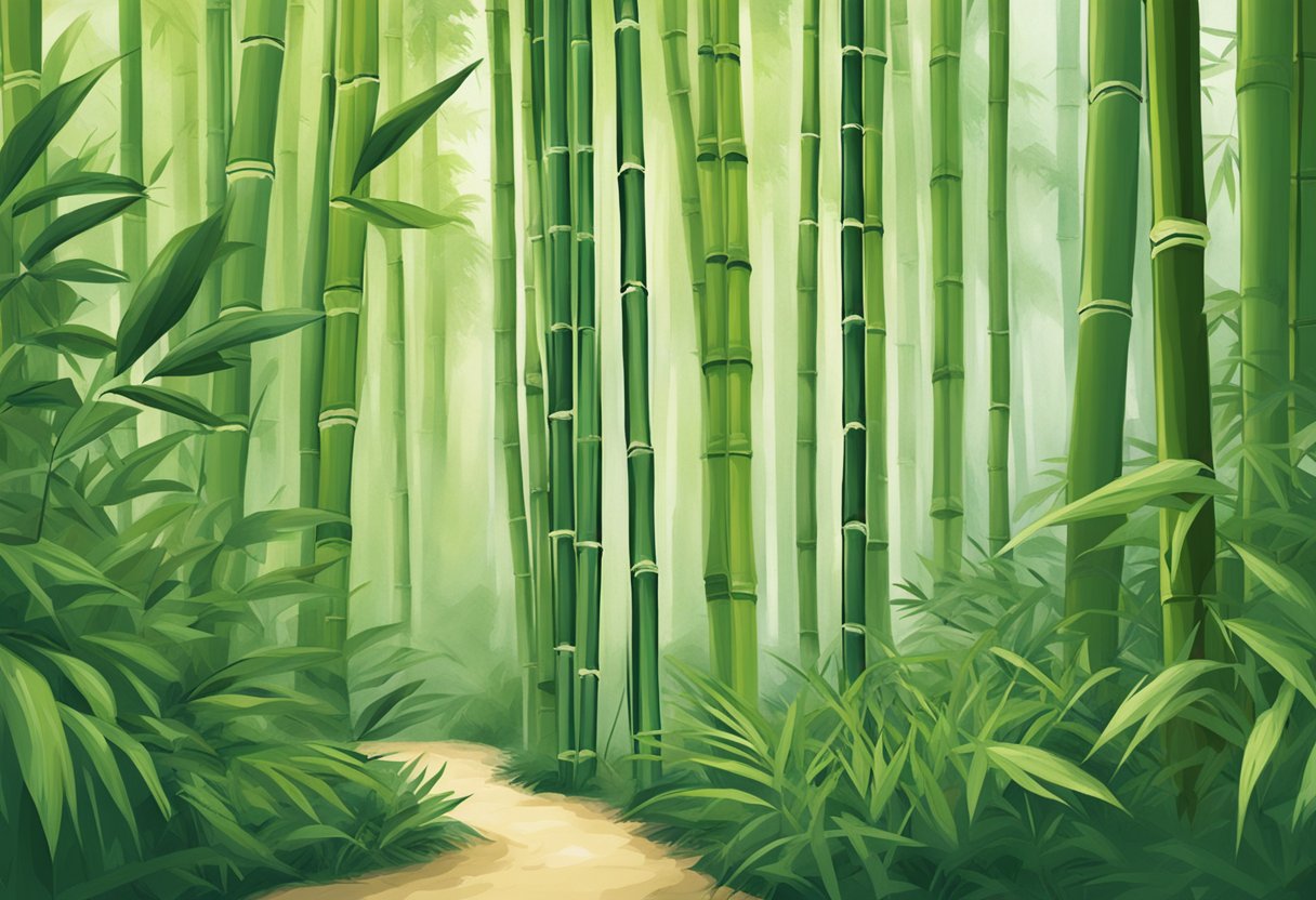 A bamboo forest with soft, luxurious bamboo fabric flowing through the trees, showcasing the benefits of bamboo underwear