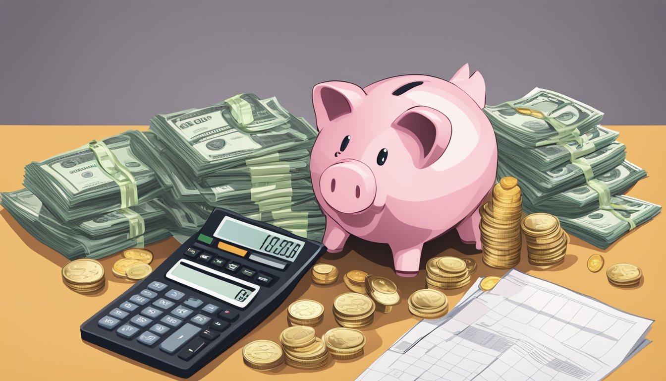 A piggy bank overflowing with coins and dollar bills, surrounded by a stack of financial documents and a calculator