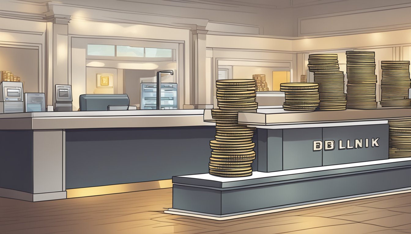 A stack of coins and dollar bills arranged neatly on a sleek, modern bank counter. The logo of the bank is prominently displayed in the background