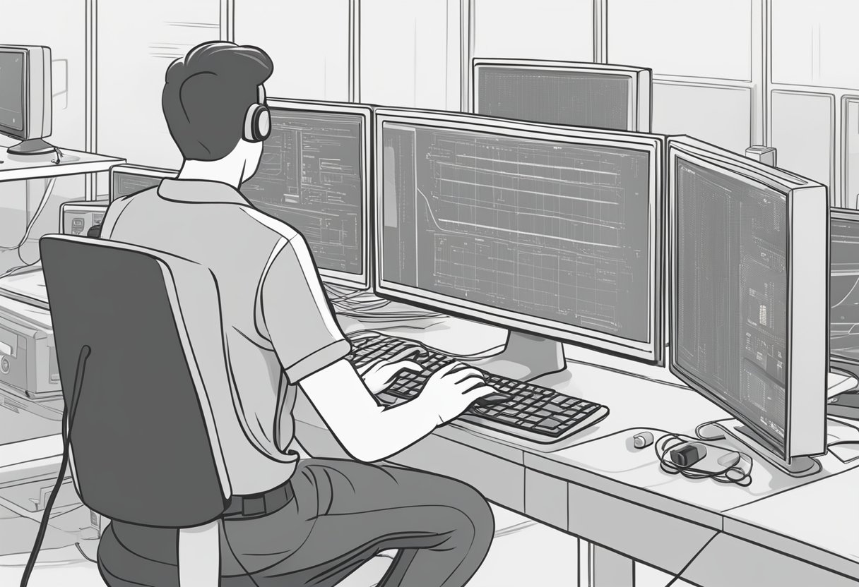 The computer screen flickers as a person troubleshoots Discord screen share. Cables and devices are checked for connectivity issues
