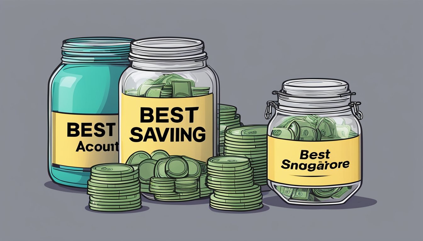 A stack of money-saving jars labeled "Best Savings Account Singapore" with a sign reading "Frequently Asked Questions" next to a bank logo