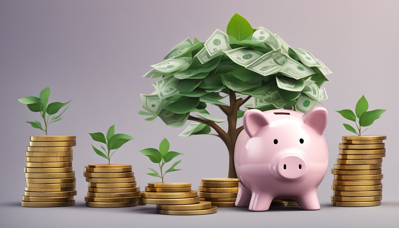 A piggy bank sits atop a stack of coins, with a growing money tree in the background, symbolizing the concept of maximizing savings and achieving the best savings rate in Singapore