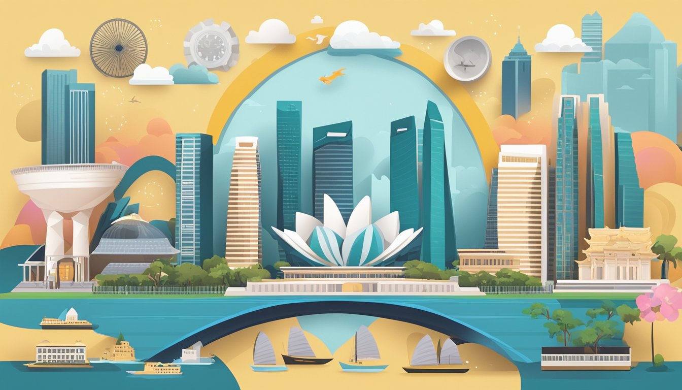 A credit card surrounded by iconic Singapore landmarks and symbols