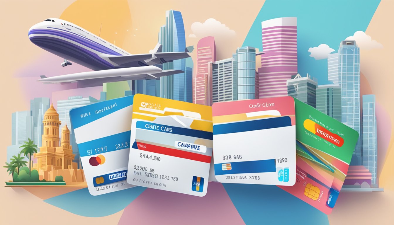 A stack of credit cards with iconic Singapore landmarks in the background
