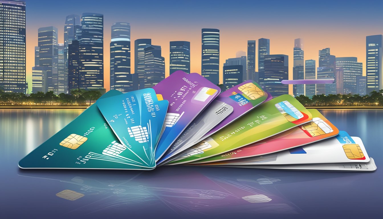 A stack of credit cards with "No Annual Fee" prominently displayed, surrounded by various benefits and rewards, set against a backdrop of the Singapore skyline