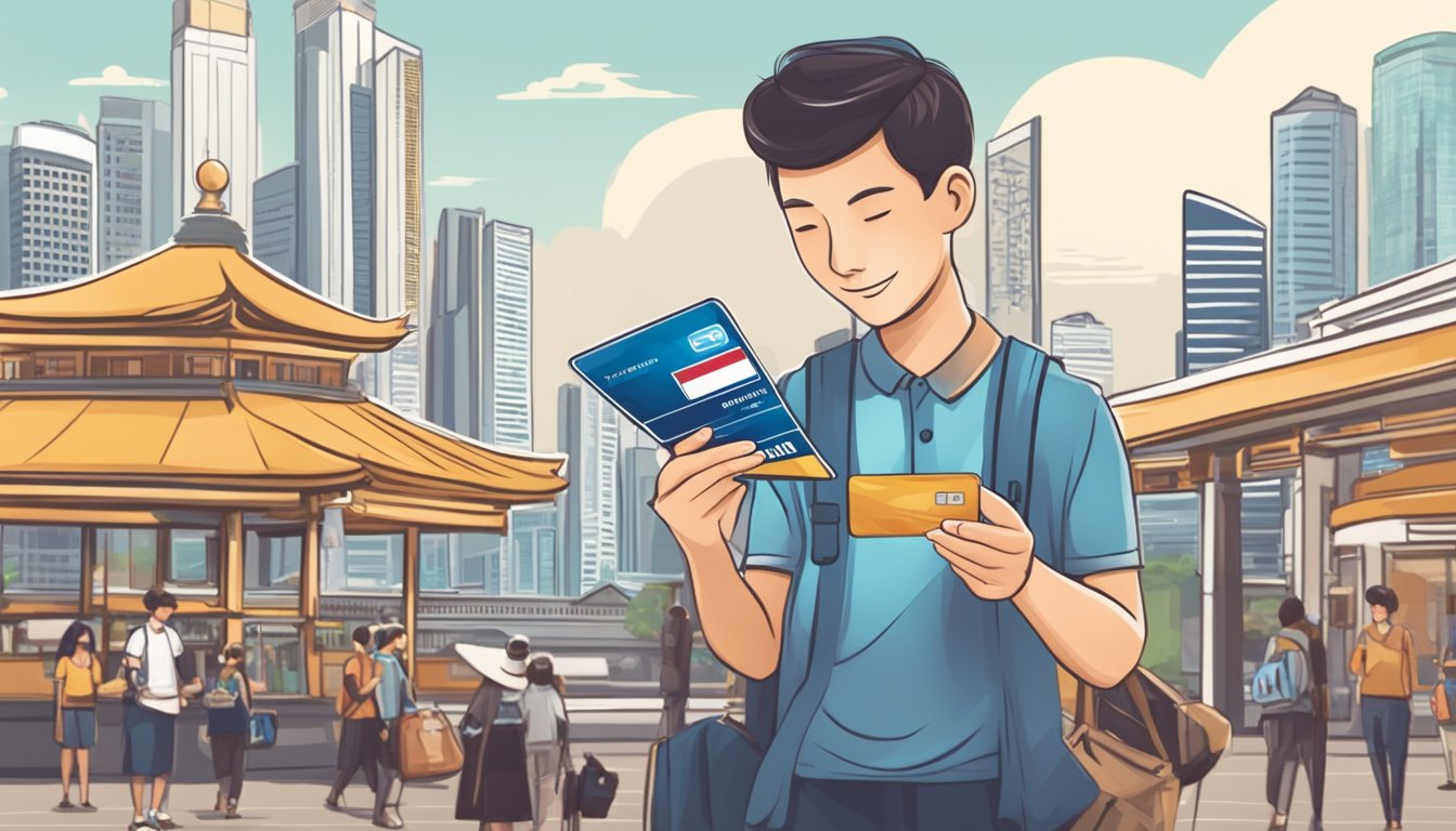 A traveler swiping a Singapore credit card at a foreign market, with iconic landmarks in the background