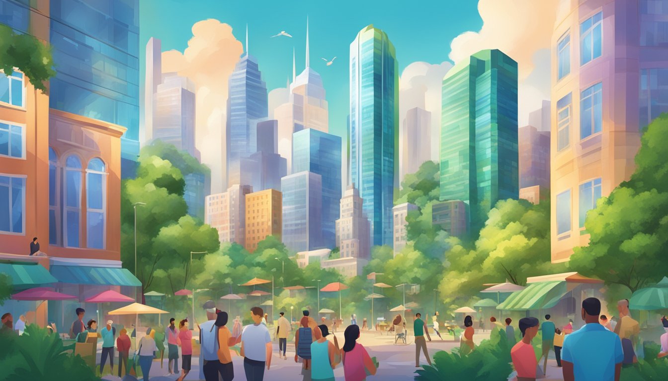 A vibrant city skyline with a prominent insurance company building, surrounded by lush greenery and a diverse mix of people enjoying a high quality of life