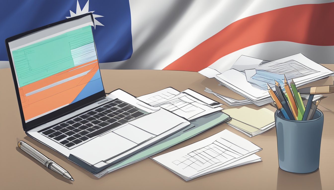A table with a laptop, a pen, and a stack of papers. A graph showing growth and stability. A Singaporean flag in the background