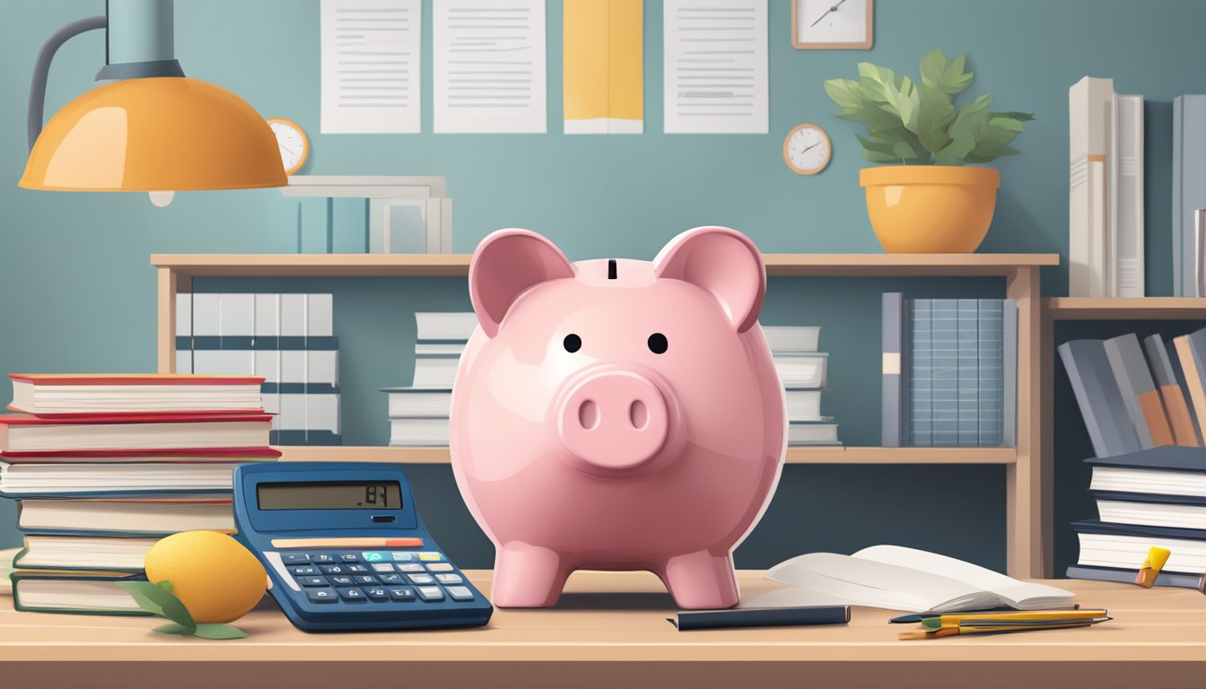 A piggy bank sits on a desk, surrounded by textbooks and a calculator. A Singaporean flag hangs on the wall behind it