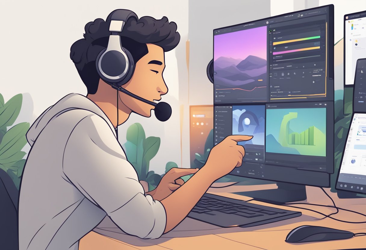 A person clicking on settings, selecting voice and video, then adjusting camera and microphone settings in Discord