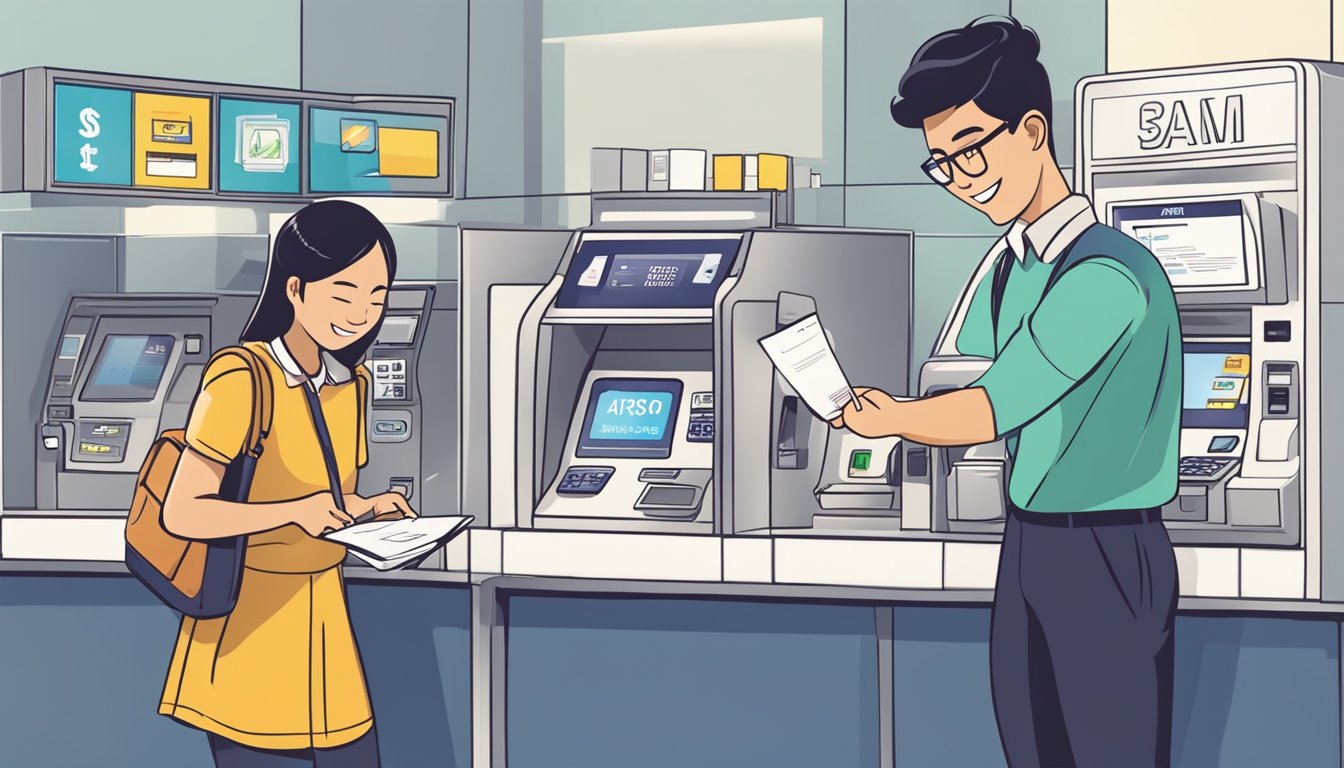A student in Singapore opens a savings account with a local bank, receiving a welcome package with a passbook and ATM card. The bank logo is prominently displayed, and the student is smiling with satisfaction