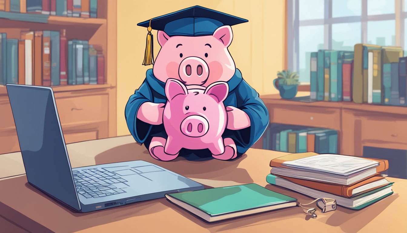 A student holding a piggy bank with a graduation cap on top, surrounded by textbooks and a laptop, with a sign reading "Top Savings Accounts for Students" in the background