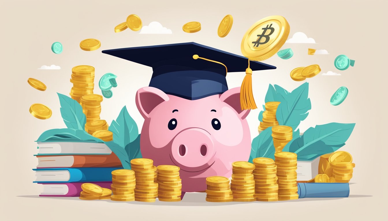 A piggy bank overflowing with coins and bills, surrounded by books and a graduation cap, symbolizing the concept of "Maximising Your Savings best student savings account in Singapore."