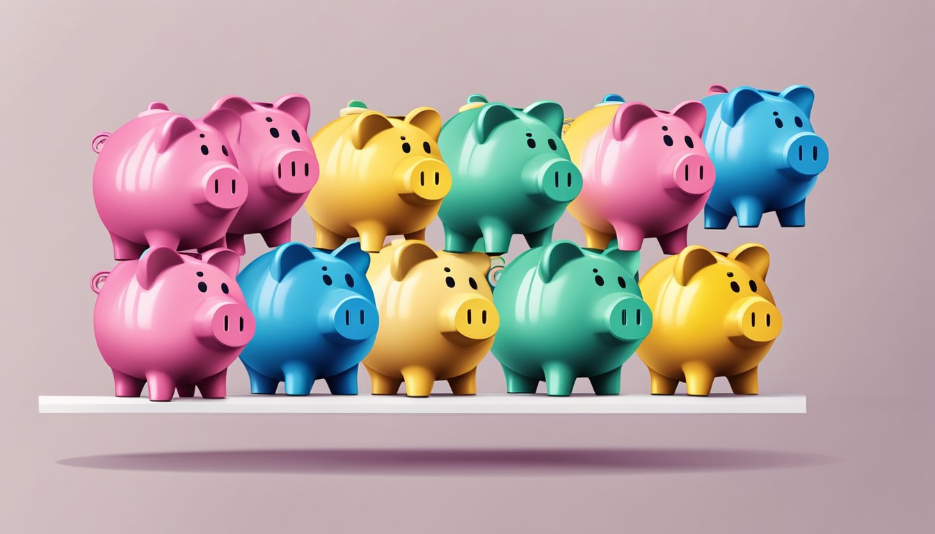 A stack of colorful piggy banks with question marks floating above them. A sign reads "Best Student Savings Account FAQs" in bold letters