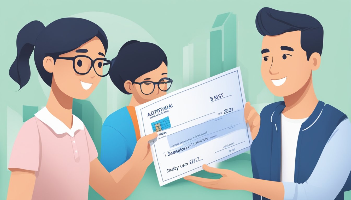 A student receiving a check with "Additional Financial Support" and "Best Study Loan Singapore" written on it