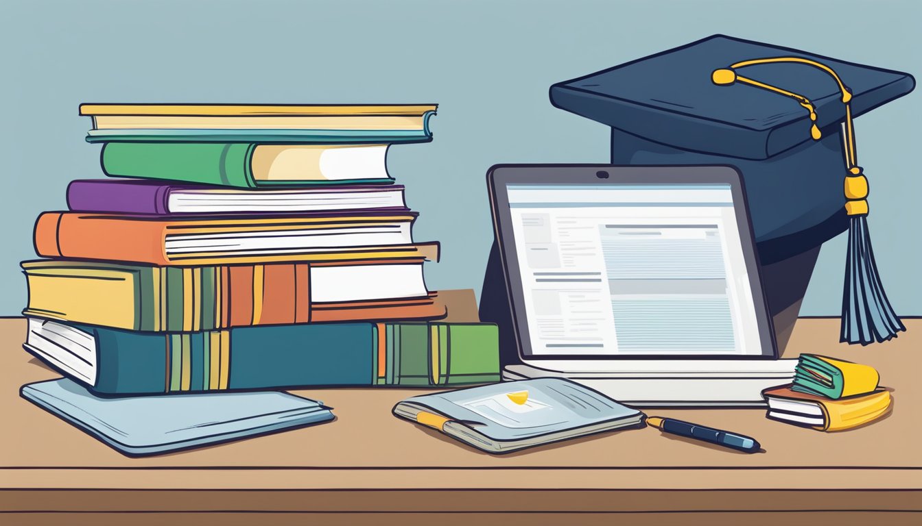 A stack of books and a graduation cap on a desk, with a laptop open to a website titled "Frequently Asked Questions: Best Study Loan Singapore."