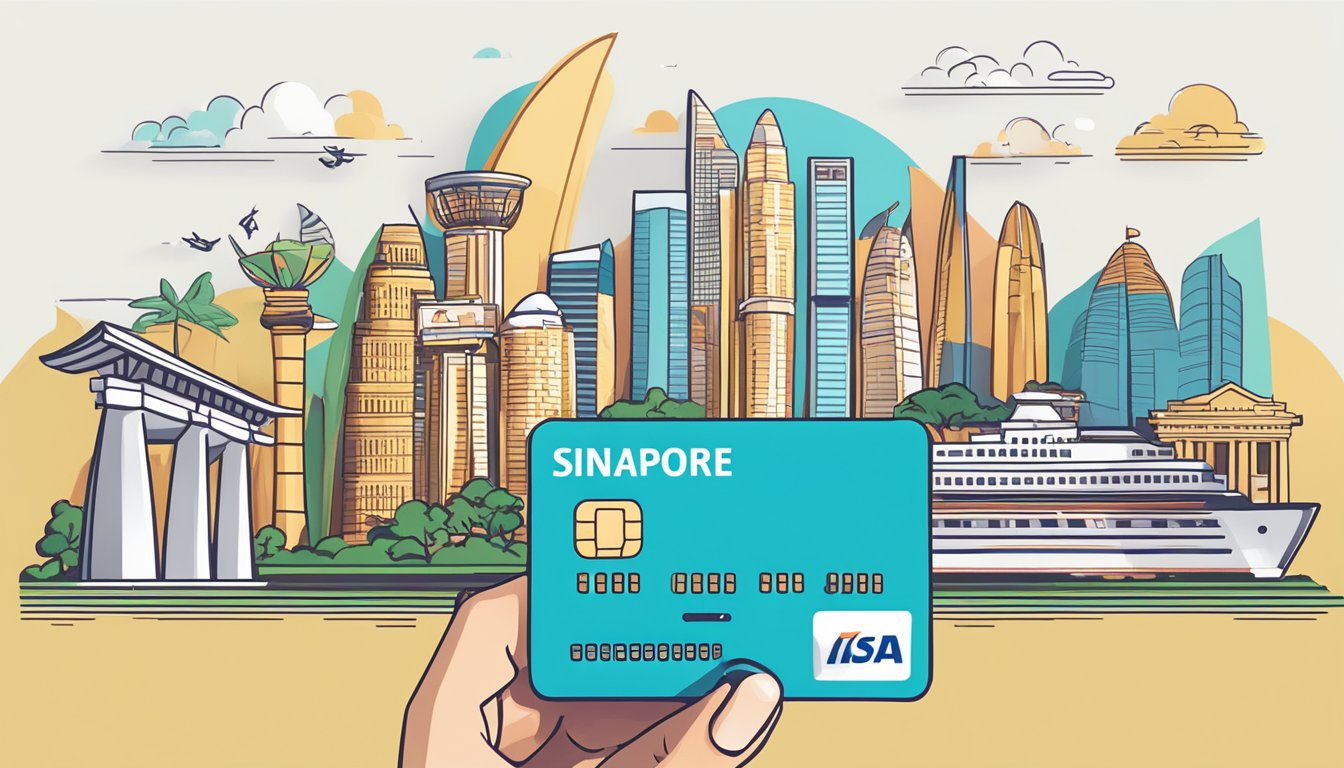 A traveler swipes a travel credit card in front of iconic Singapore landmarks