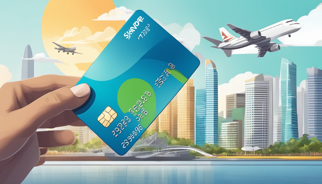 A person swiping a travel rewards credit card in front of a Singapore skyline with an airplane flying overhead
