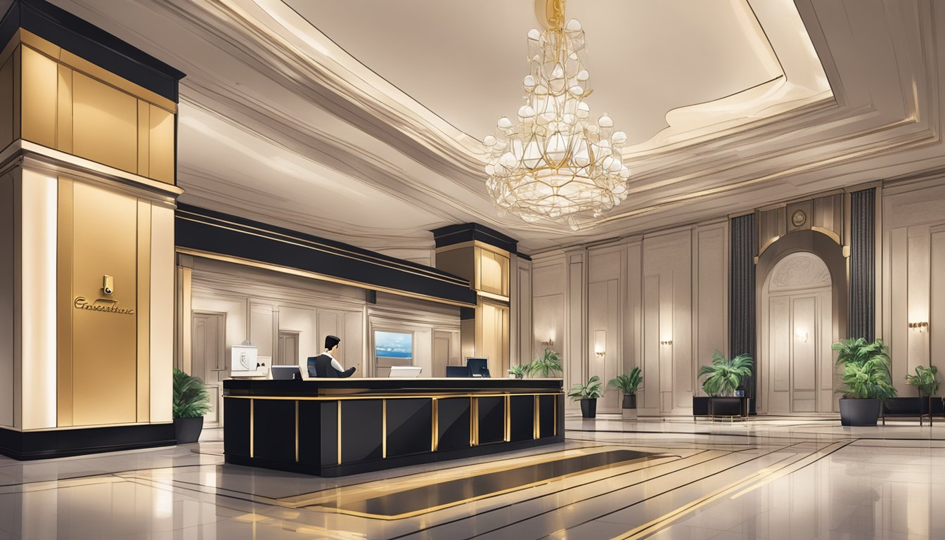 A luxurious hotel lobby with a concierge desk and a sign displaying "Exclusive Cardholder Privileges" for the best travel credit card in Singapore