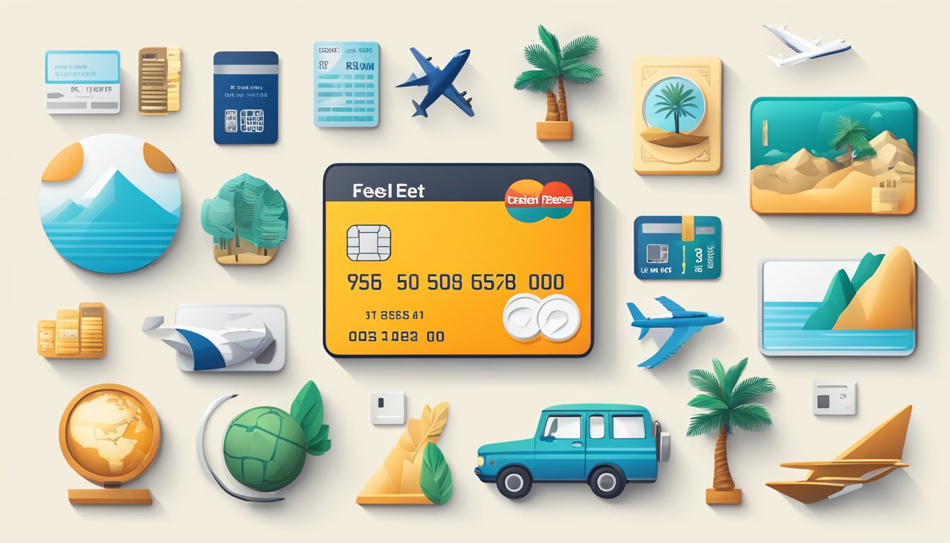 A credit card surrounded by travel-related icons and symbols, with a clear breakdown of fees and charges displayed prominently