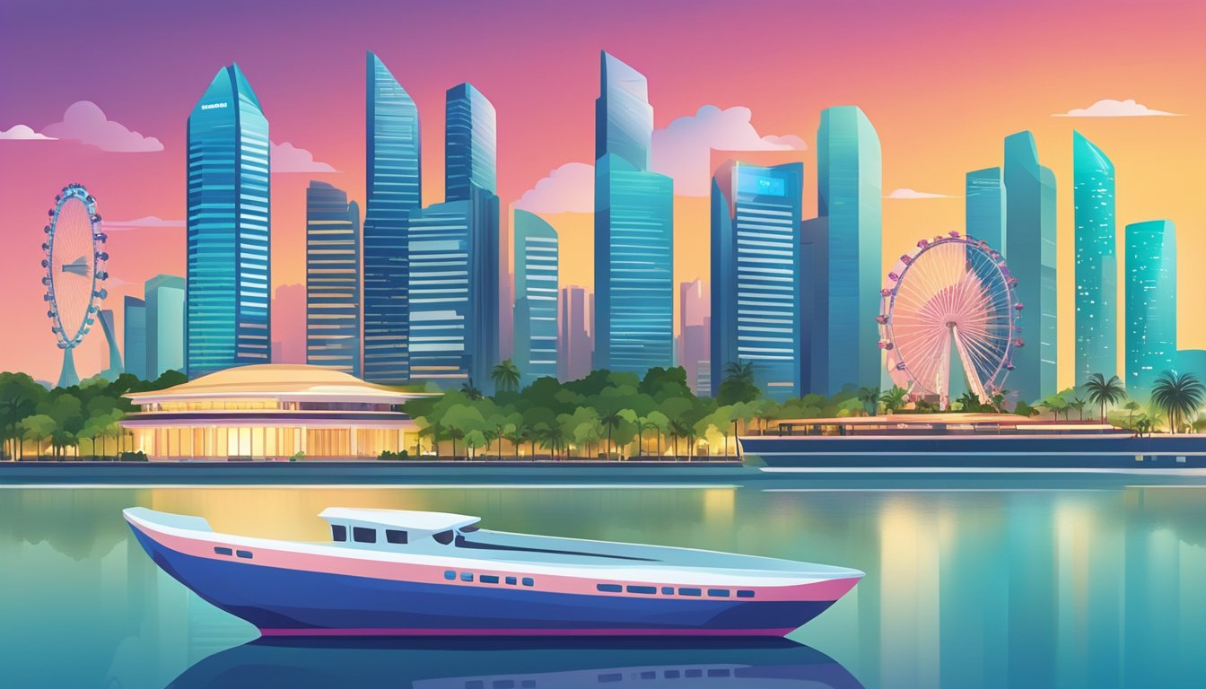 A vibrant city skyline of Singapore with iconic landmarks and a sleek credit card displayed prominently