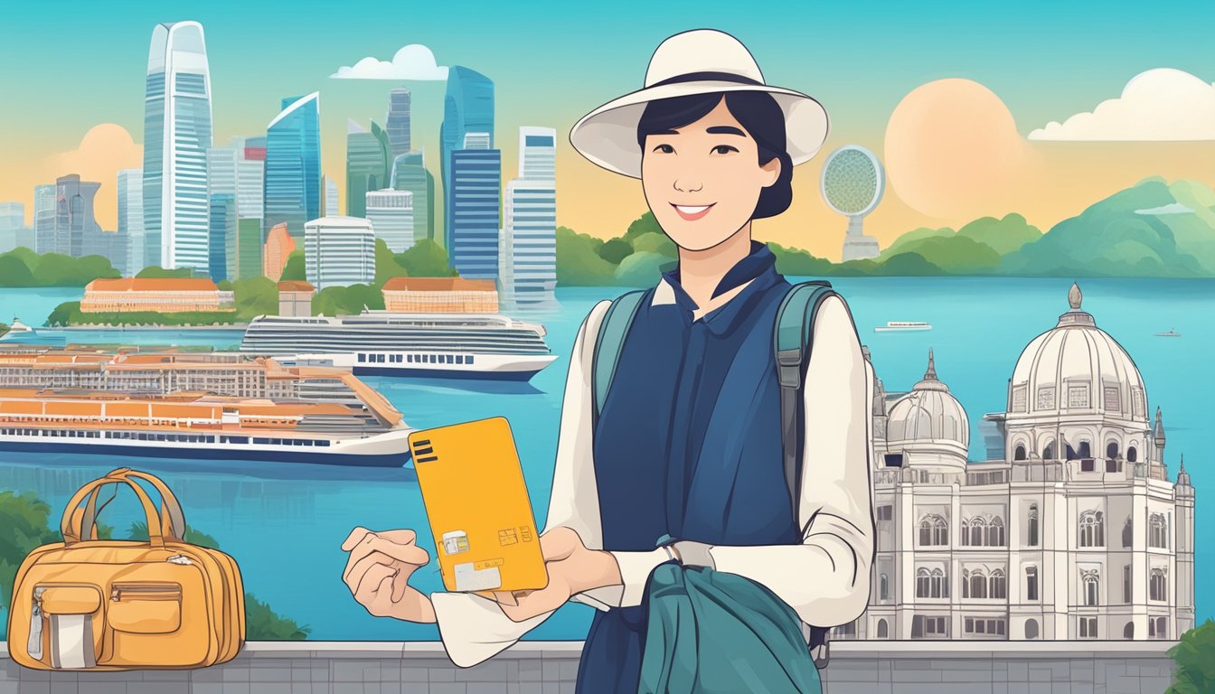 A traveler holding a credit card with famous landmarks of Singapore in the background