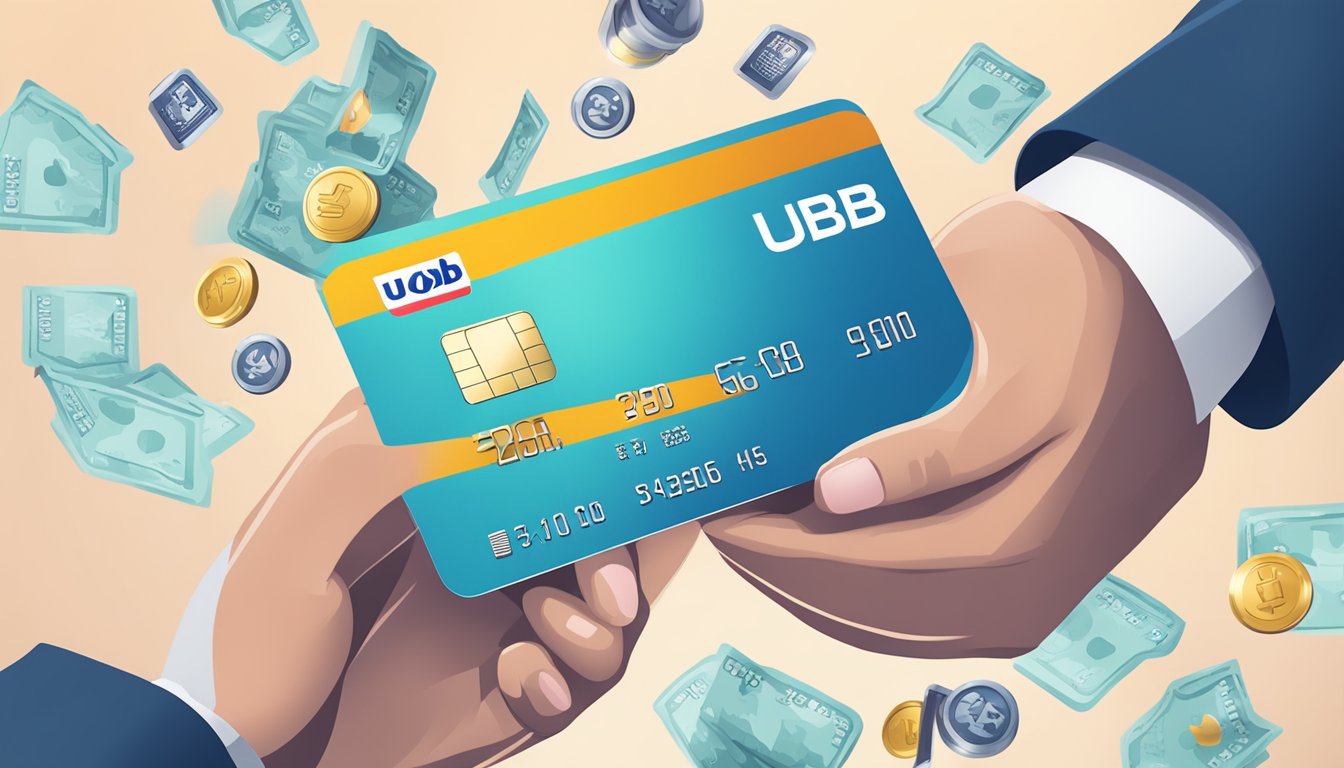 A hand holding a UOB credit card, with various cashback and rewards symbols floating around it
