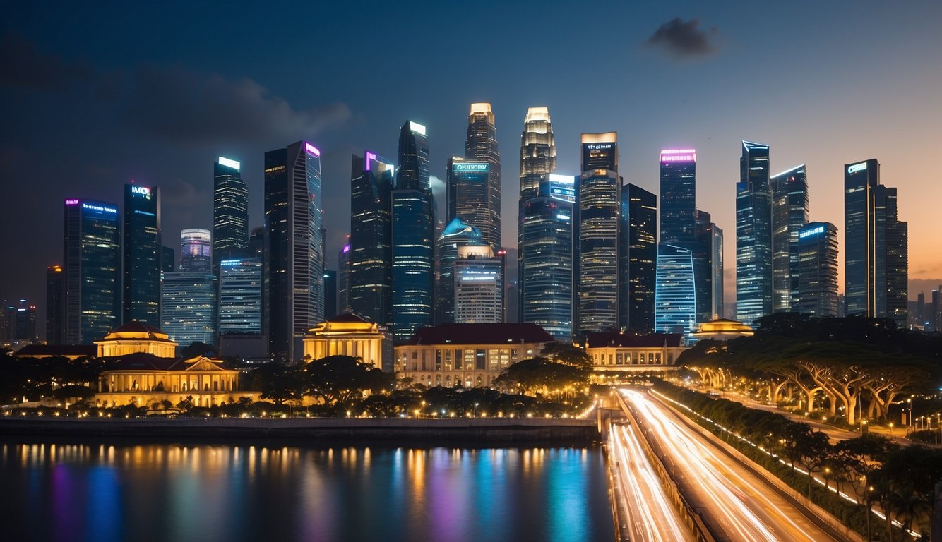 A vibrant city skyline with a prominent building labeled "Best Licensed Money Lender in Singapore." Bright lights and a bustling atmosphere convey financial opportunity