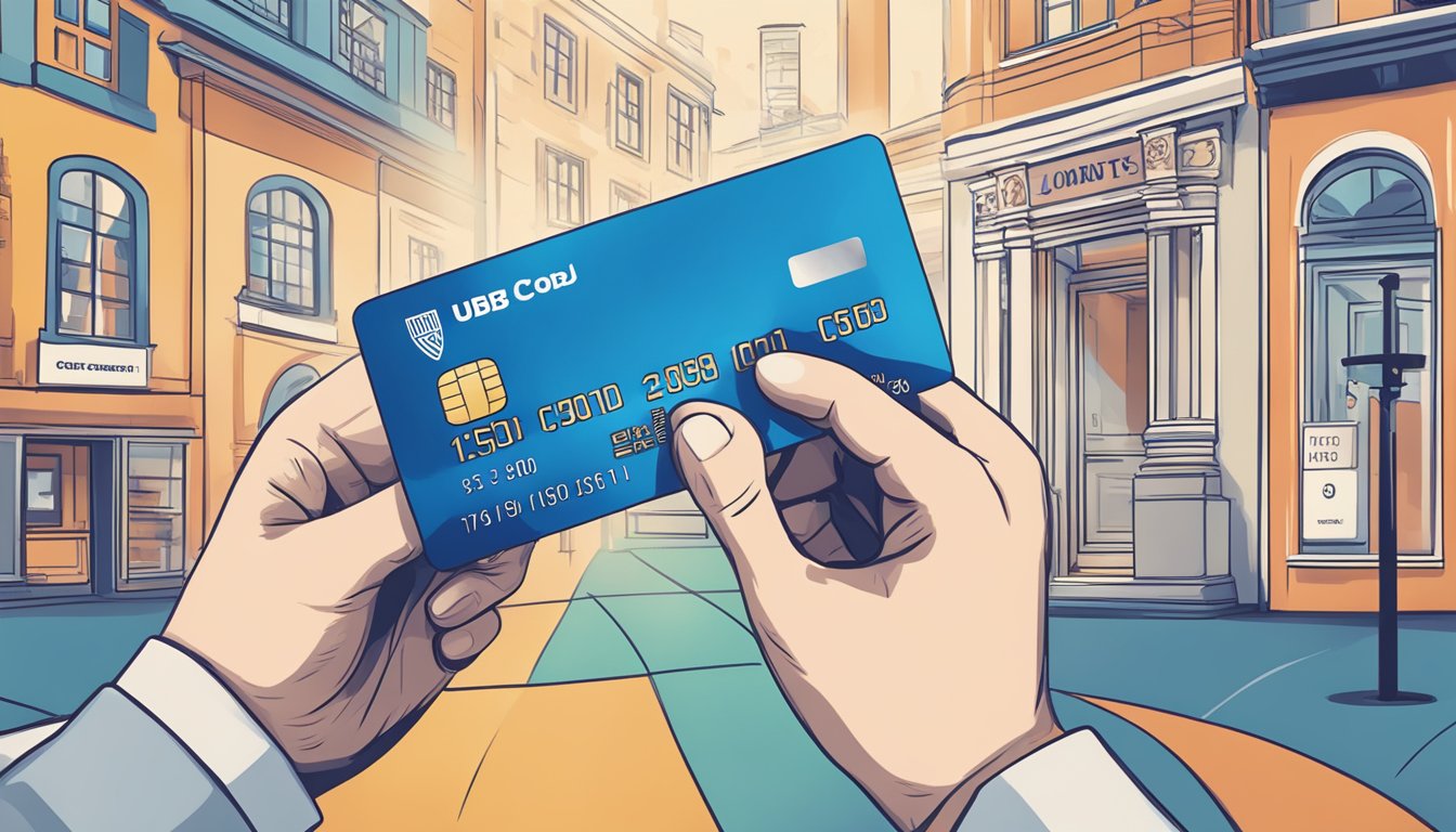 A hand holding a UOB credit card with various benefits and rewards displayed in the background